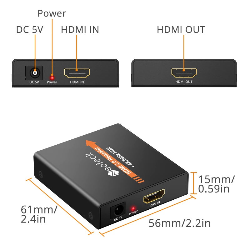 Neoteck HDMI 2.0 Repeater 4K 2160P 3D HDMI Signal Amplifier Repeater Boost Up to 196ft Transmission Distance Mini Size Metal Shell for PC DVD Sky HD Box PS3 PS4 Satellite Box - Image 3